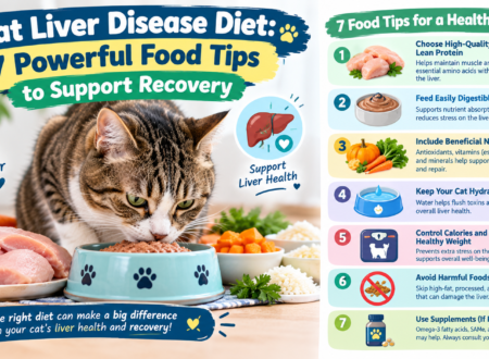 Cat liver disease diet featuring a tabby cat eating from a food bowl with seven nutrition tips to support liver health and recovery.