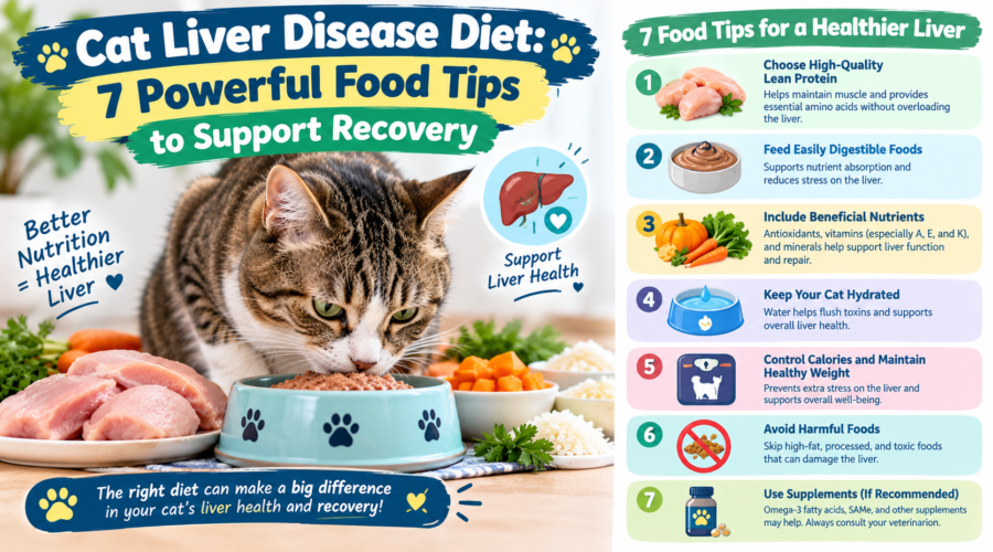 Cat liver disease diet featuring a tabby cat eating from a food bowl with seven nutrition tips to support liver health and recovery.