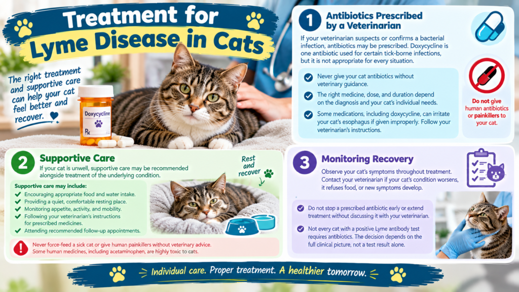 Treatment for Lyme disease in cats, showing a tabby cat receiving veterinary care with information about prescribed antibiotics, supportive care, and recovery monitoring.