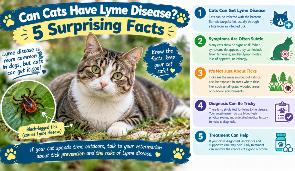 Can cats have Lyme disease? A tabby cat outdoors beside a black-legged tick, illustrating five facts about feline Lyme disease, symptoms, diagnosis, treatment, and prevention.