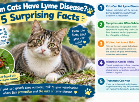 Can cats have Lyme disease? A tabby cat outdoors beside a black-legged tick, illustrating five facts about feline Lyme disease, symptoms, diagnosis, treatment, and prevention.