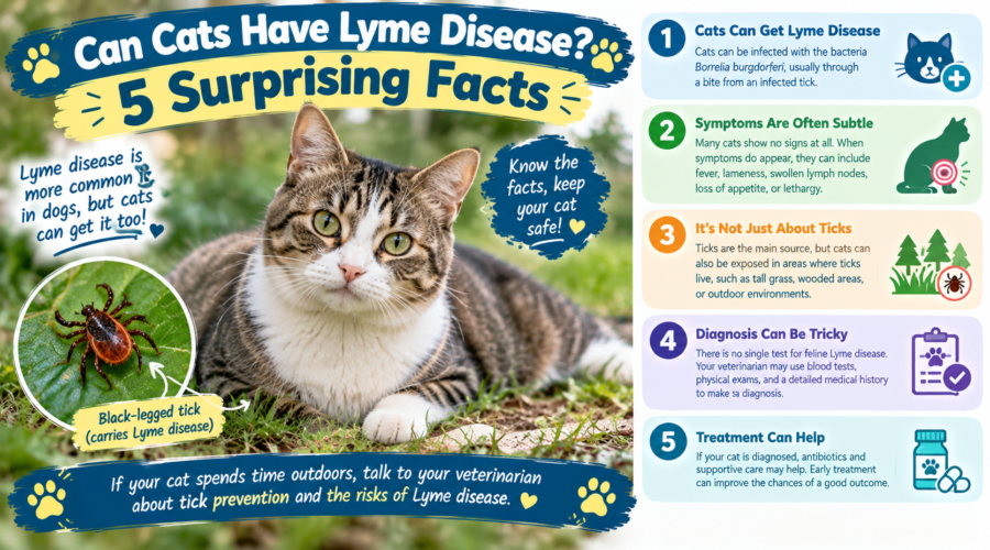 Can cats have Lyme disease? A tabby cat outdoors beside a black-legged tick, illustrating five facts about feline Lyme disease, symptoms, diagnosis, treatment, and prevention.