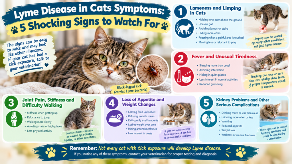 Lyme disease in cats symptoms, featuring a tabby cat and a black-legged tick alongside five possible warning signs, including limping, fever, joint stiffness, appetite loss, and kidney problems.