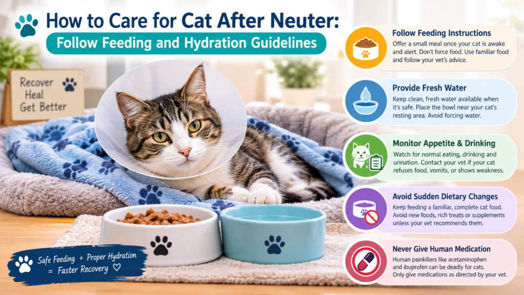 How to care for a cat after neuter with proper feeding, fresh water, and postoperative recovery tips.
