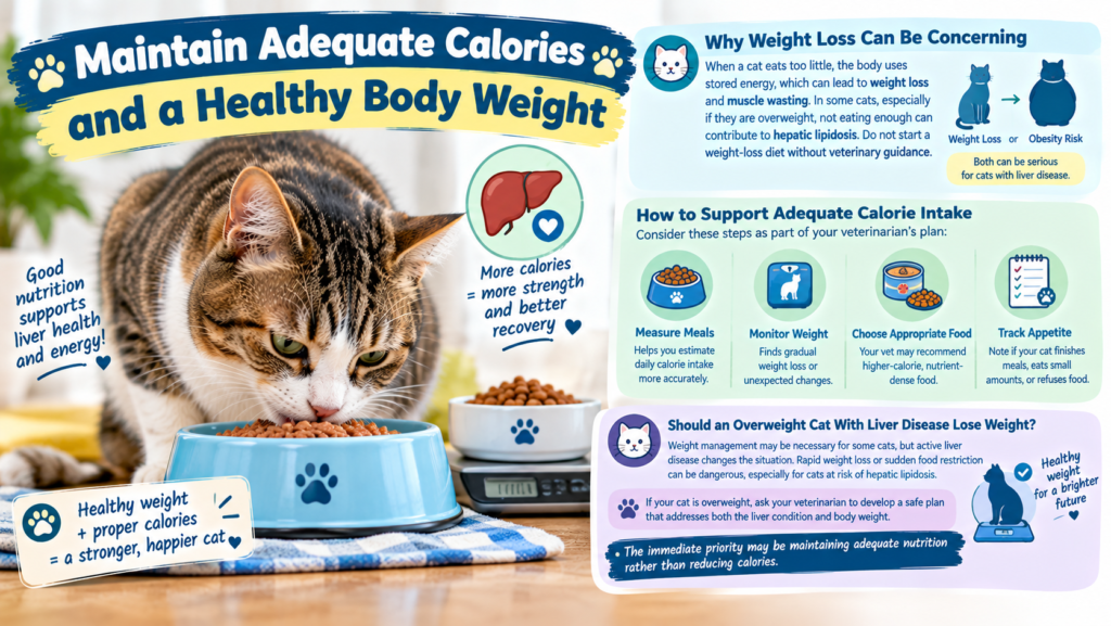 Maintain adequate calories and a healthy body weight in cats with liver disease, showing a tabby cat eating food and tips for monitoring nutrition, weight, and appetite.