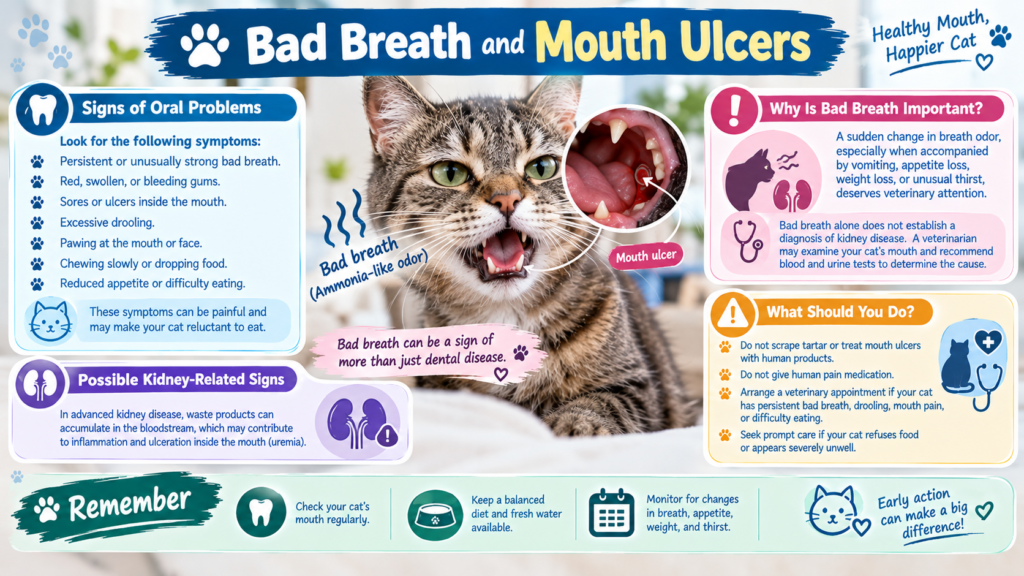 Cat with bad breath and mouth ulcers, illustrating oral symptoms, possible kidney-related complications, and recommended veterinary care.