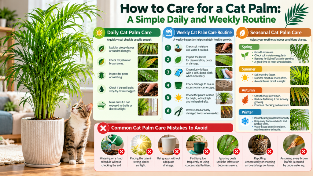 Landscape infographic titled “How to Care for a Cat Palm: A Simple Daily and Weekly Routine,” featuring a lush potted cat palm beside a tabby cat, with daily care tips, six weekly maintenance steps, seasonal guidance for spring through winter, and common cat palm care mistakes to avoid.