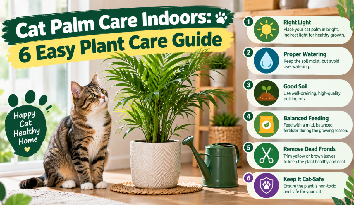 Cat palm care indoors featuring a lush green cat palm in a decorative pot beside a tabby cat, with six easy indoor plant care tips.