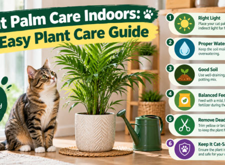Cat palm care indoors featuring a lush green cat palm in a decorative pot beside a tabby cat, with six easy indoor plant care tips.