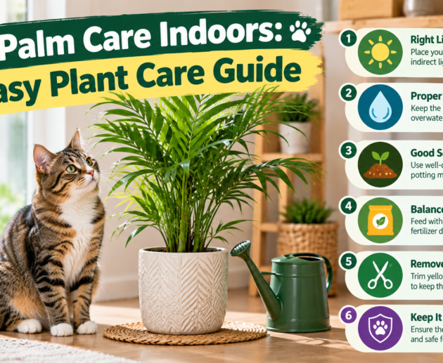 Cat palm care indoors featuring a lush green cat palm in a decorative pot beside a tabby cat, with six easy indoor plant care tips.