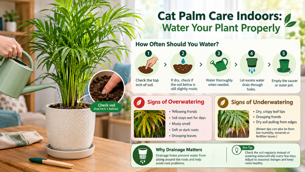 Indoor cat palm in a white textured pot being watered with a green watering can, alongside an infographic showing five watering steps, signs of overwatering and underwatering, drainage advice, and a seasonal watering tip.