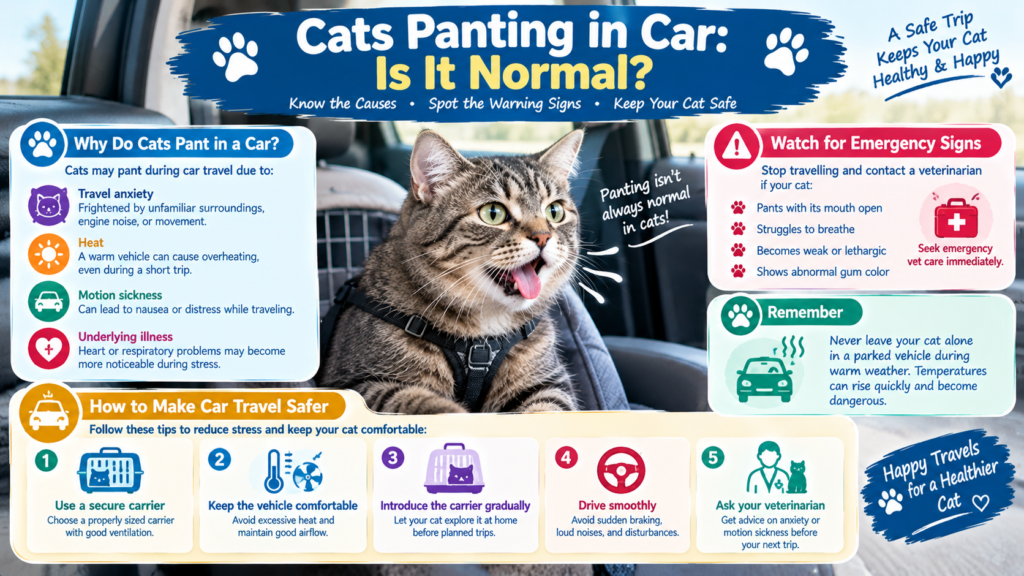 Cats panting in car travel, showing possible causes, emergency warning signs, and tips for keeping cats safe and comfortable during car journeys.