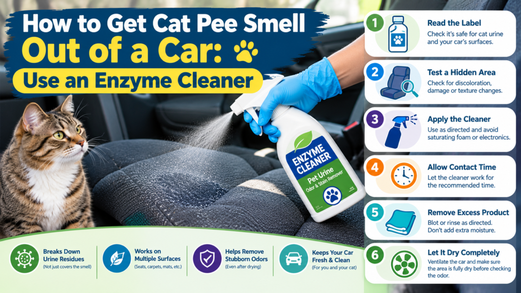How to get cat pee smell out of a car using an enzyme cleaner on car seats and upholstery to help remove cat urine odors.