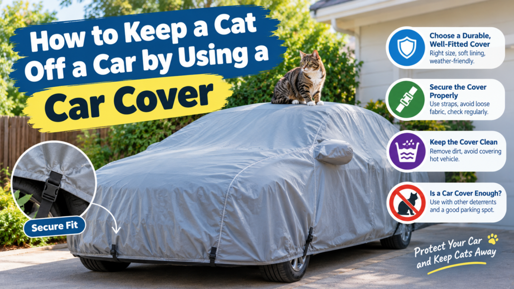 How to keep a cat off a car by using a car cover, featuring a covered silver vehicle, a tabby cat, and tips for securing and maintaining the cover.