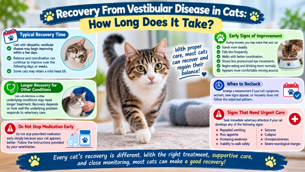 Recovery from vestibular disease in cats, showing a tabby cat and key signs of improvement, recovery timelines, veterinary care, and warning symptoms.