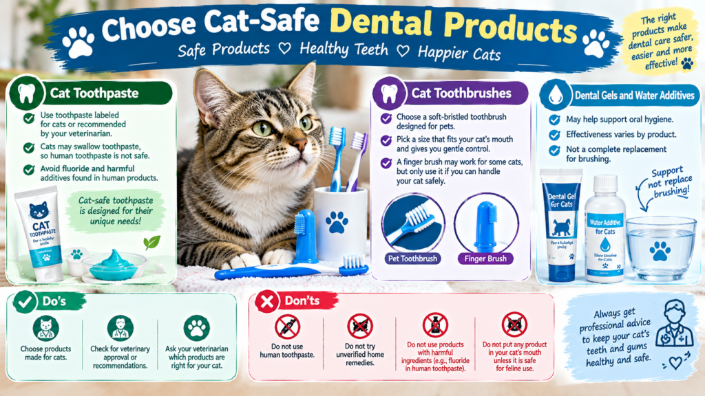 Choose cat-safe dental products, including cat toothpaste, soft-bristled toothbrushes, dental gels, and water additives for healthy cat teeth.