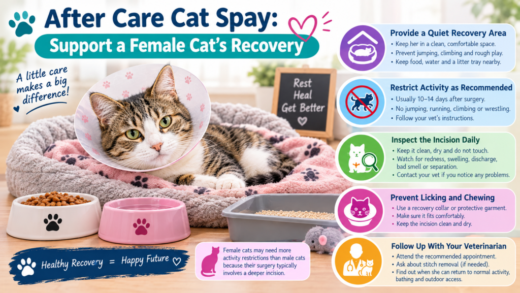 After care cat spay guide showing a female cat resting comfortably in a recovery cone with essential postoperative care tips.