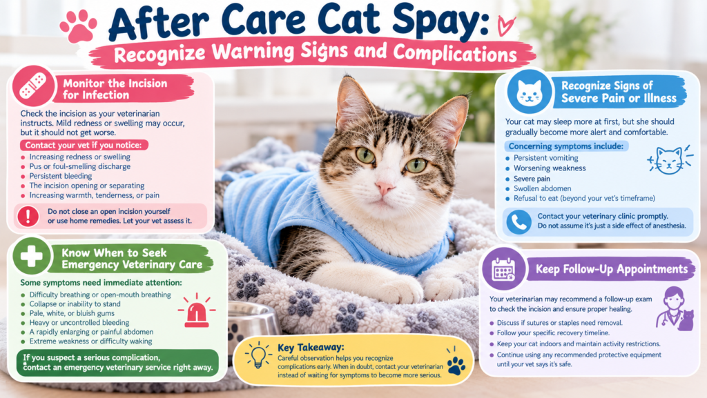 Tabby cat wearing a blue recovery shirt with an infographic about after care cat spay warning signs, incision monitoring, and veterinary complications.
