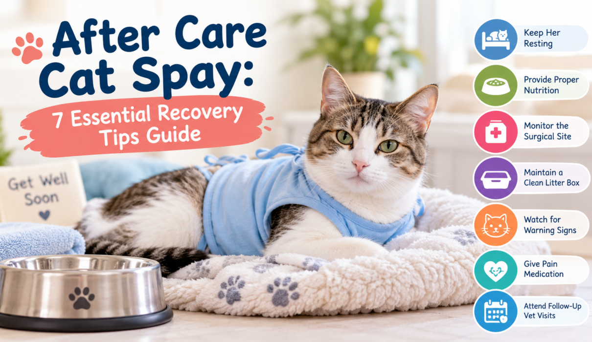 Tabby cat wearing a blue recovery shirt resting on a soft blanket, illustrating after care cat spay recovery tip