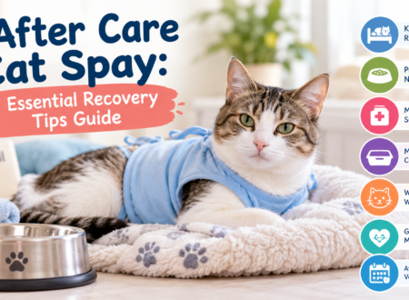 Tabby cat wearing a blue recovery shirt resting on a soft blanket, illustrating after care cat spay recovery tip