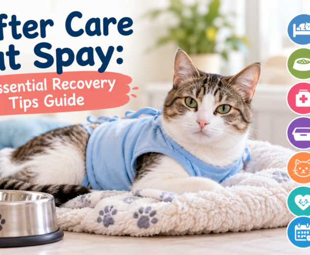 Tabby cat wearing a blue recovery shirt resting on a soft blanket, illustrating after care cat spay recovery tip