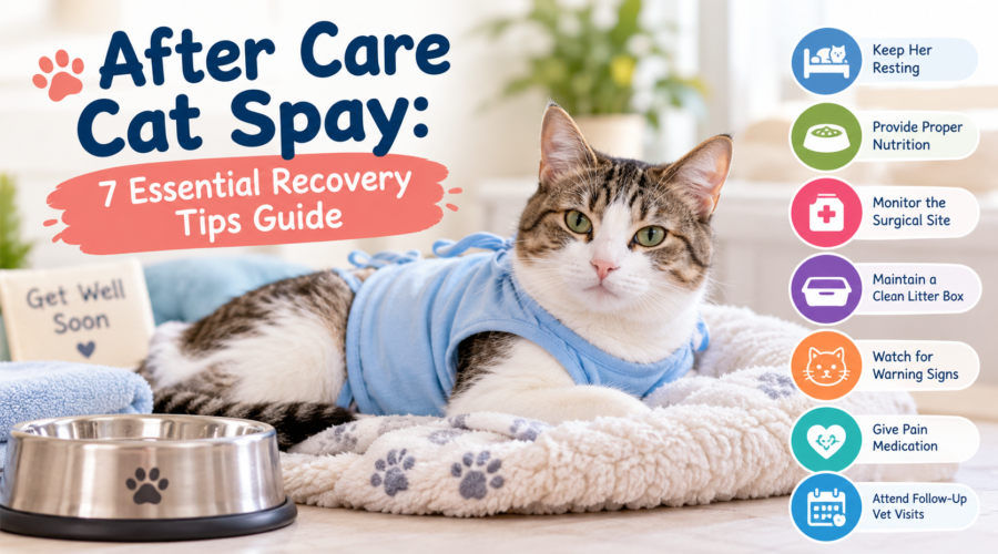 Tabby cat wearing a blue recovery shirt resting on a soft blanket, illustrating after care cat spay recovery tip