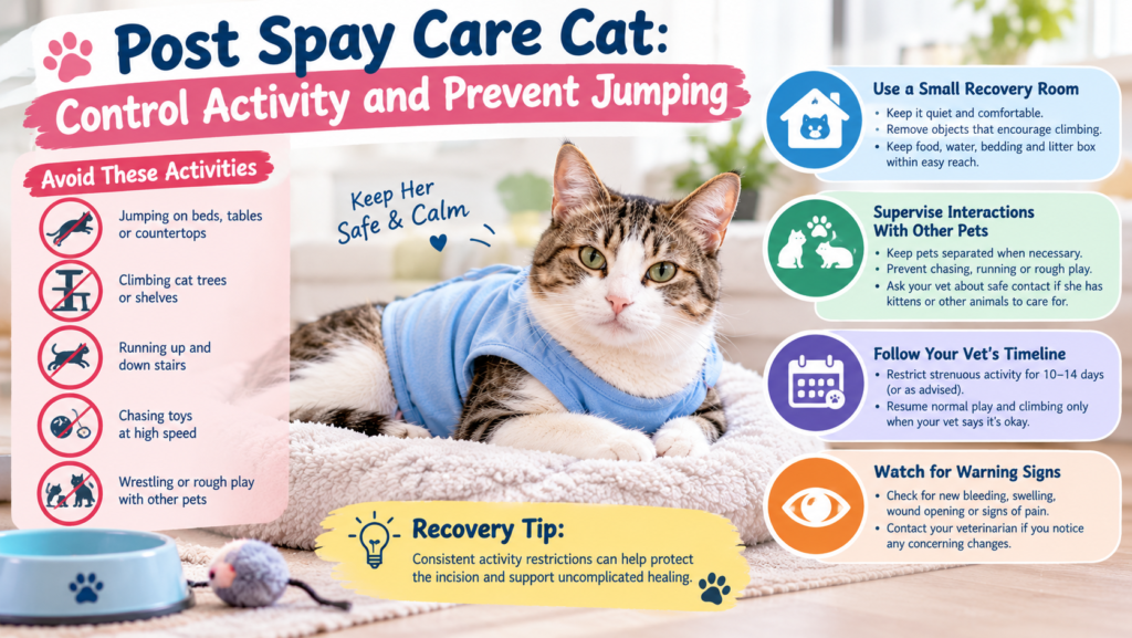 Tabby cat wearing a blue recovery shirt resting on a blanket with tips for post spay care, activity restriction, and preventing jumping.
