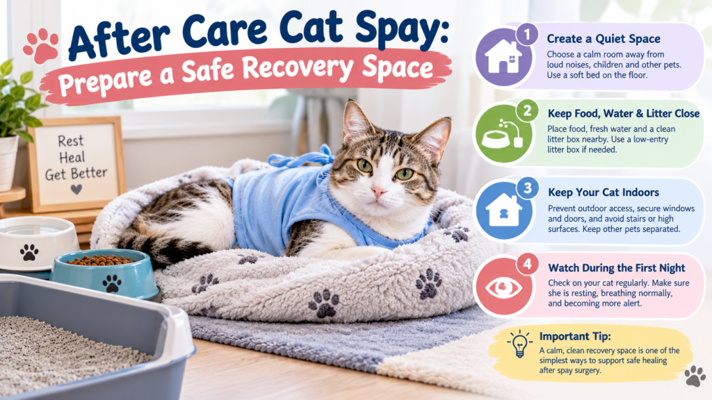 Tabby cat wearing a blue recovery shirt resting on a soft blanket in a safe recovery space after spay surgery.