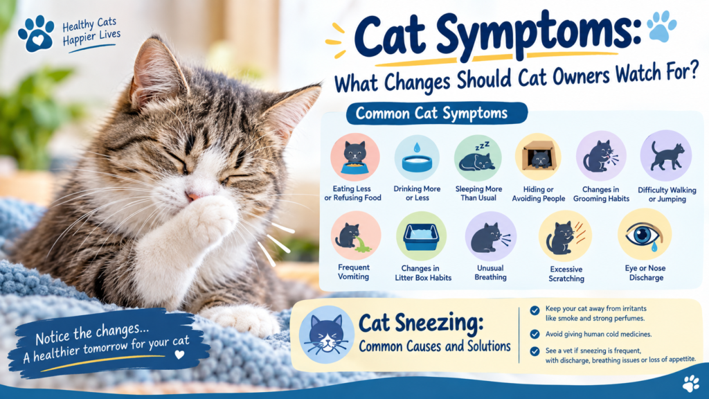 Cat symptoms and warning signs owners should watch for, including cat sneezing and common causes