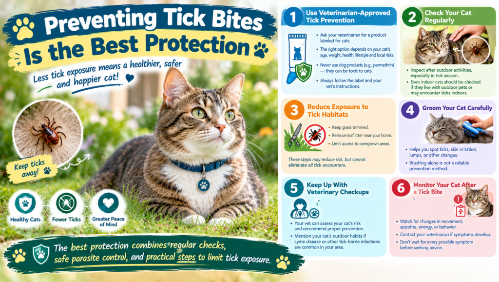 Preventing tick bites in cats, featuring a tabby cat outdoors with tips for tick prevention, regular grooming, tick checks, and veterinary care.