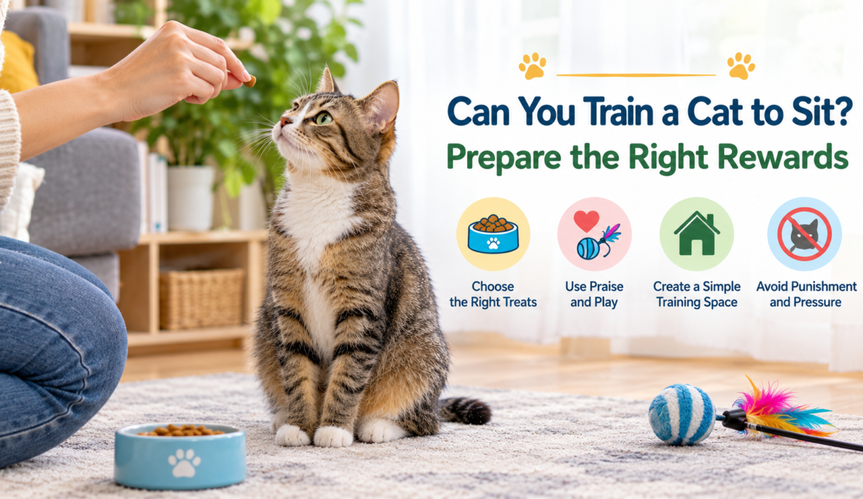 Tabby cat sitting on a rug and looking at a treat held by its owner, with cat treats, toys, and positive training tips displayed in a bright living room.