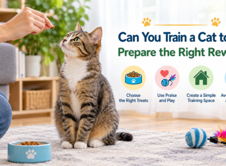 Tabby cat sitting on a rug and looking at a treat held by its owner, with cat treats, toys, and positive training tips displayed in a bright living room.