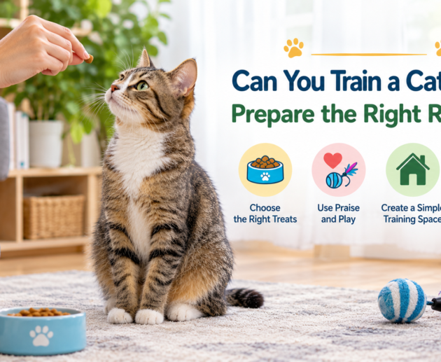 Tabby cat sitting on a rug and looking at a treat held by its owner, with cat treats, toys, and positive training tips displayed in a bright living room.
