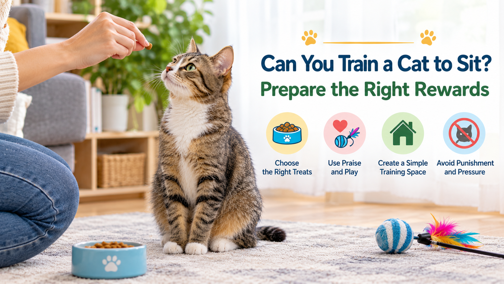 Tabby cat sitting on a rug and looking at a treat held by its owner, with cat treats, toys, and positive training tips displayed in a bright living room or Train Your Cat to Sit.