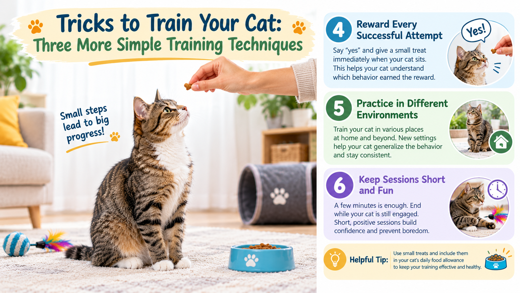 Tabby cat sitting on a rug and looking at a treat held by its owner, with an infographic showing cat training techniques, including rewarding success, practicing in different environments, and keeping sessions short.