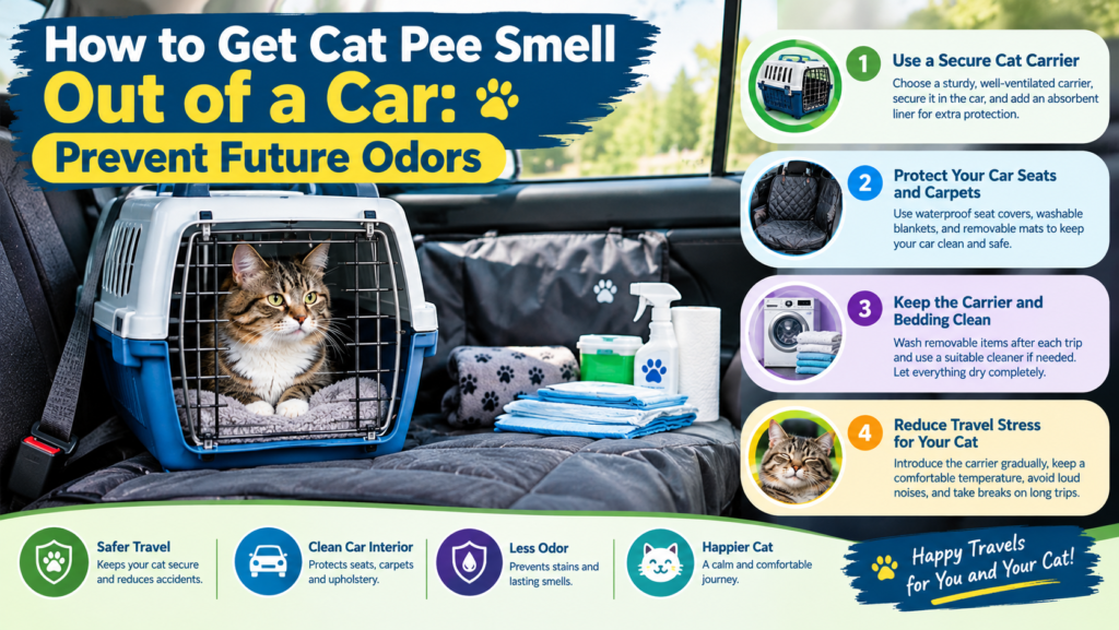 Cat resting comfortably inside a secure carrier in a clean car to help prevent cat pee odors during travel.