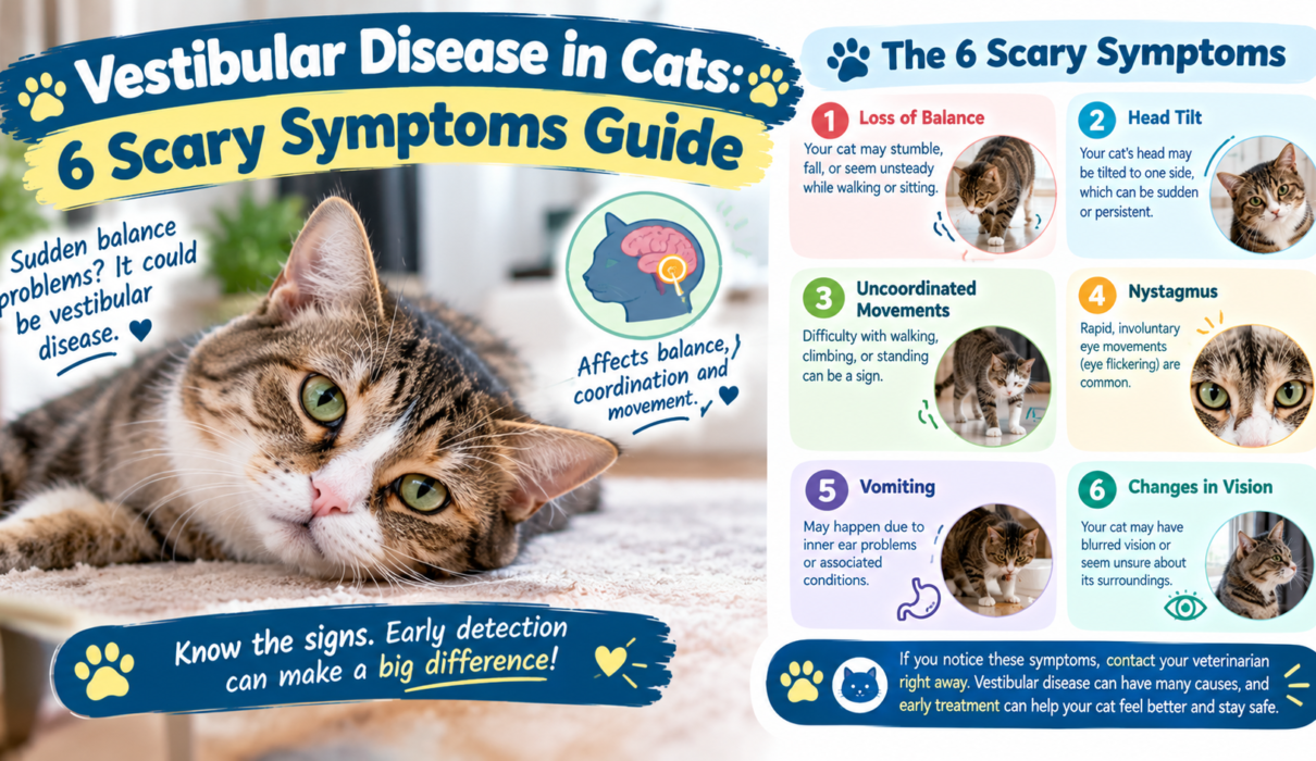 Vestibular disease in cats showing a tabby cat with a tilted head and six symptoms, including loss of balance, uncoordinated movement, nystagmus, vomiting, and vision changes.