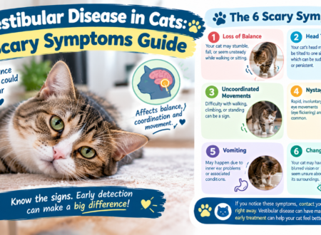 Vestibular disease in cats showing a tabby cat with a tilted head and six symptoms, including loss of balance, uncoordinated movement, nystagmus, vomiting, and vision changes.