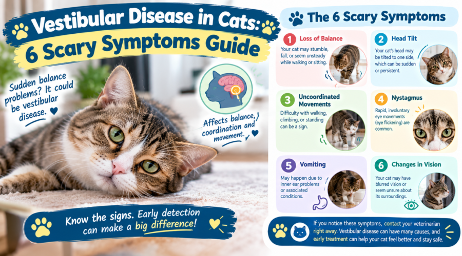 Vestibular disease in cats showing a tabby cat with a tilted head and six symptoms, including loss of balance, uncoordinated movement, nystagmus, vomiting, and vision changes.