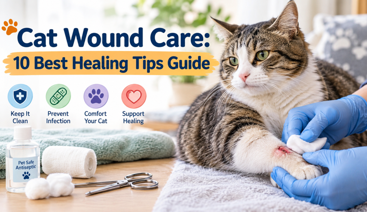 Cat wound care showing a tabby cat having a leg wound gently cleaned with gauze, with bandages and pet-safe antiseptic nearby.