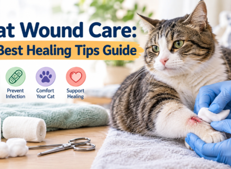 Cat wound care showing a tabby cat having a leg wound gently cleaned with gauze, with bandages and pet-safe antiseptic nearby.