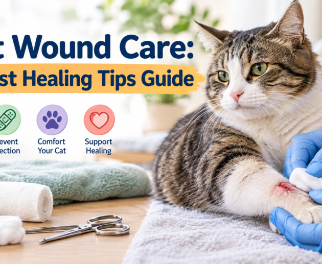 Cat wound care showing a tabby cat having a leg wound gently cleaned with gauze, with bandages and pet-safe antiseptic nearby.