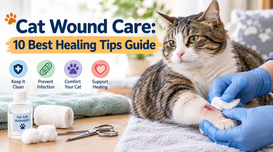 Cat wound care showing a tabby cat having a leg wound gently cleaned with gauze, with bandages and pet-safe antiseptic nearby.