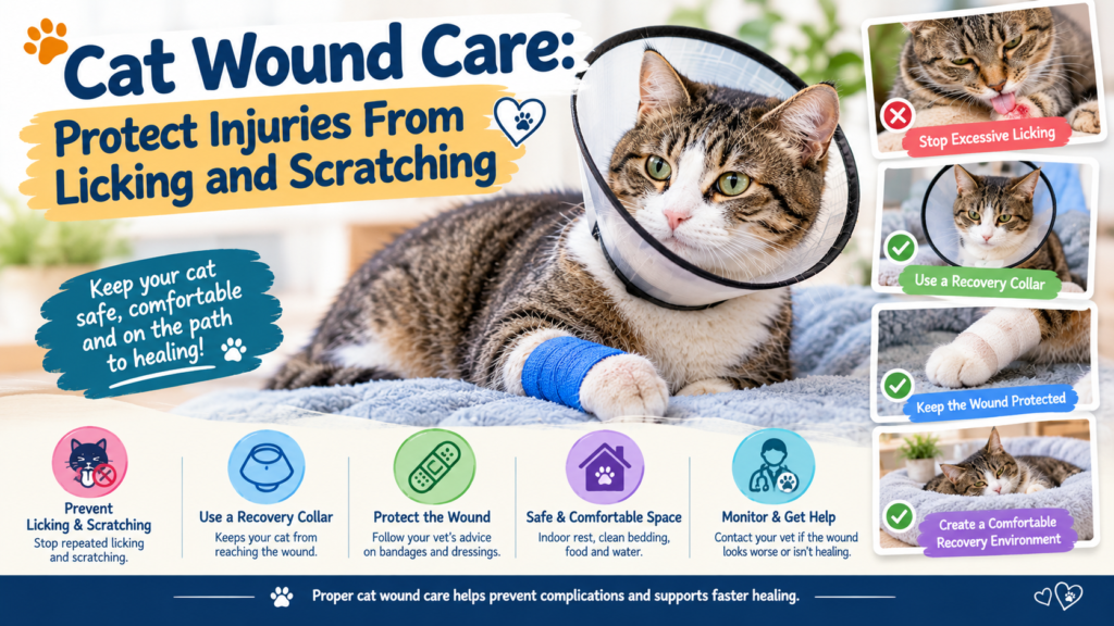 Cat wound care infographic showing a tabby cat wearing a recovery collar with a bandaged paw, illustrating ways to prevent licking and scratching and support wound healing.