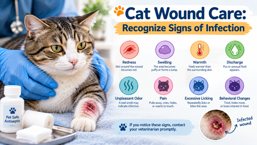 Cat wound care infographic showing a tabby cat with an injured front leg and the common signs of wound infection, including redness, swelling, warmth, discharge, pain, and excessive licking.