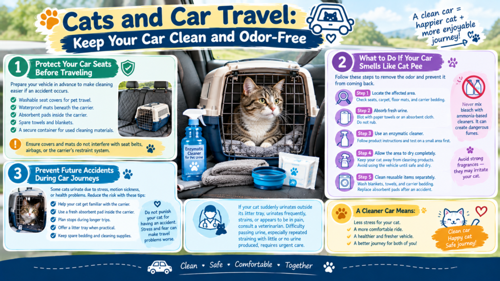 Cats and car travel infographic showing a tabby cat in a secure carrier with cleaning supplies and tips for protecting car seats, removing cat urine odors, and preventing travel accidents.