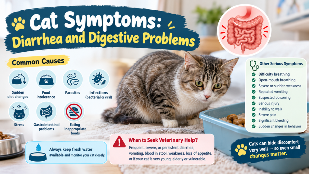 Cat symptoms including diarrhea and digestive problems with warning signs and veterinary care advic