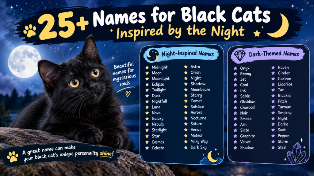 Black cat under a starry night sky with 25+ night-inspired black cat names