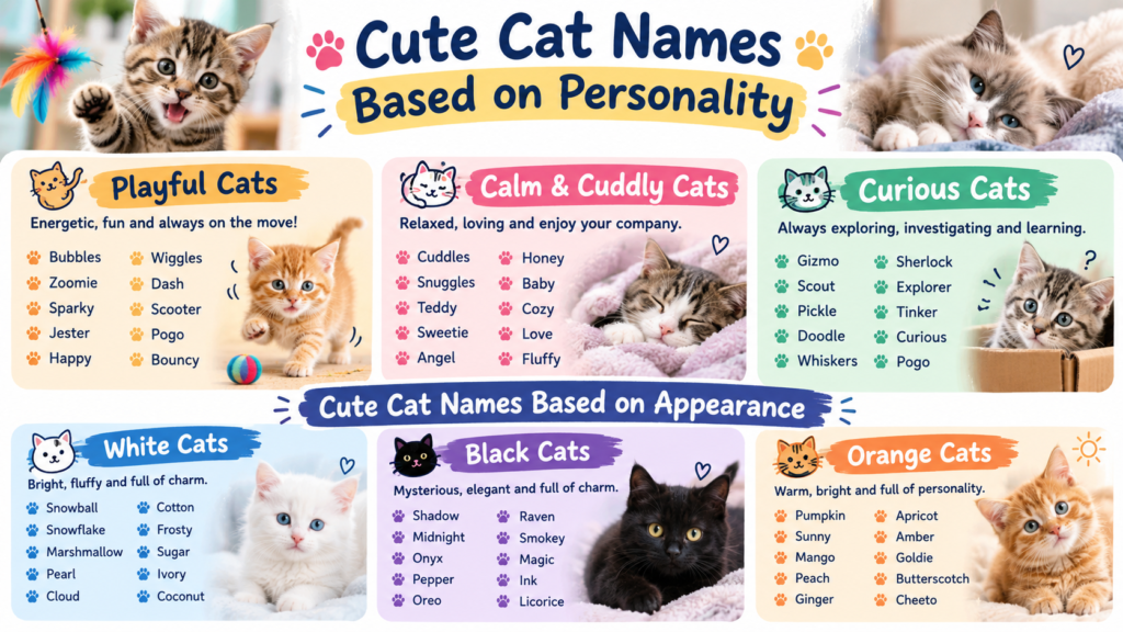 Cute cat names based on personality and appearance, featuring playful, cuddly, curious, white, black, and orange cats
