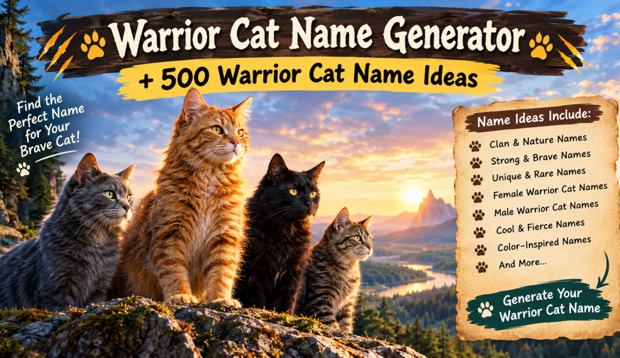 Warrior Cat Name Generator with 500 Warrior Cat Name Ideas featuring brave cats in a fantasy forest landscape
